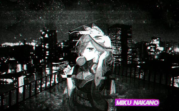 HD desktop wallpaper featuring Miku Nakano from the anime The Quintessential Quintuplets, standing on a city rooftop with a glitch-effect night skyline background.