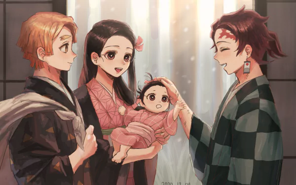 HD desktop wallpaper featuring Zenitsu Agatsuma, Nezuko Kamado, Tanjiro Kamado, and a baby from Demon Slayer: Kimetsu no Yaiba. The characters are gathered happily indoors.