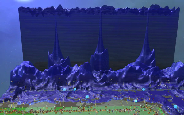 HD wallpaper of Creeper World 4 featuring a landscape with blue spiky structures towering over a battlefield.