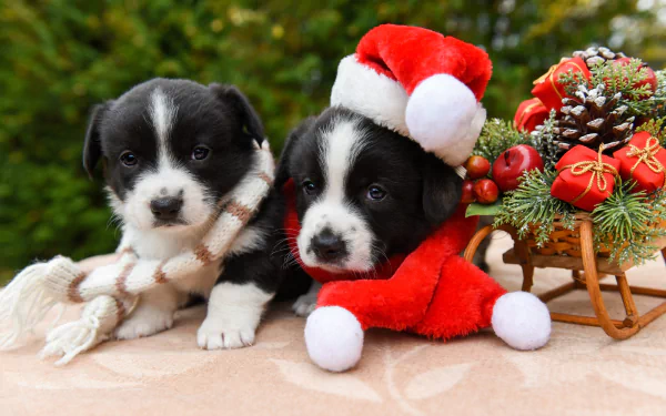 santa hat sled Christmas baby animal dog Animal puppy HD Desktop Wallpaper | Background Image