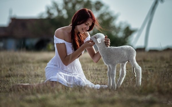 Women Mood Lamb Smile White Dress HD Wallpaper | Background Image