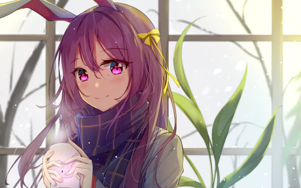 HD PC desktop wallpaper featuring Reisen Udongein Inaba from Touhou, depicted with vibrant purple hair, pink eyes, and bunny ears in a softly lit indoor setting.