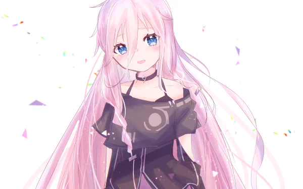 Anime Vocaloid IA with long pink hair and blue eyes in a black off-shoulder outfit, pastel confetti background — 5K Ultra HD PC wallpaper.