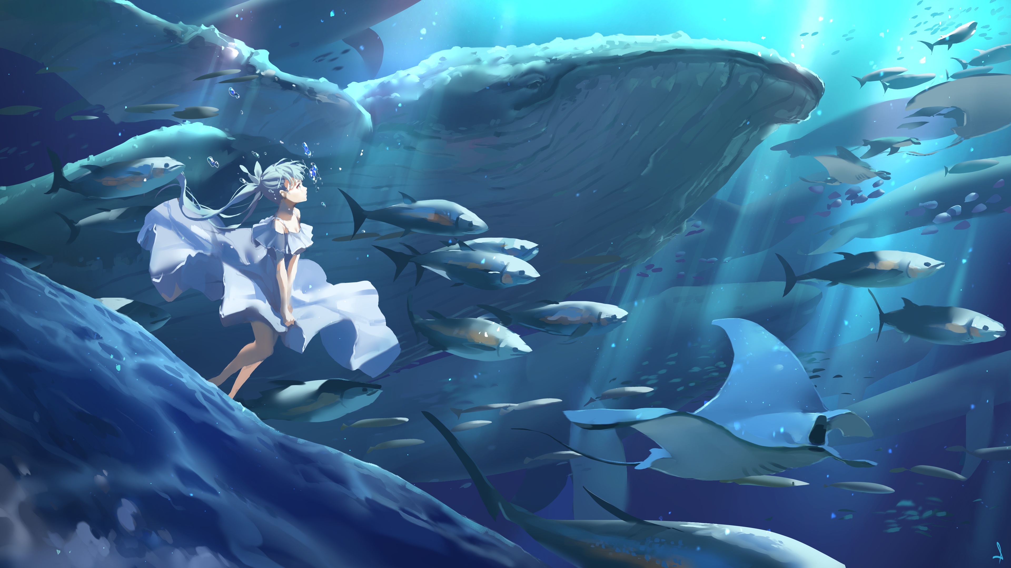 Anime Girl Underwater With Sealife by Shijohane