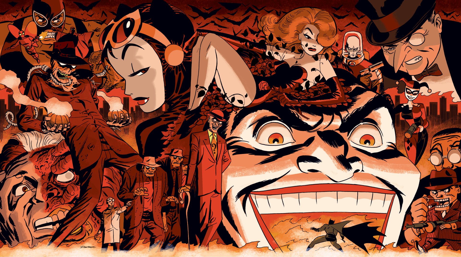 4K Ultra HD PC desktop wallpaper featuring Harley Quinn, Hugo Strange, Penguin, Riddler, Mr. Freeze, Bane, Two-Face, Poison Ivy, Catwoman, Batman, and Bruce Wayne in vibrant comic style.