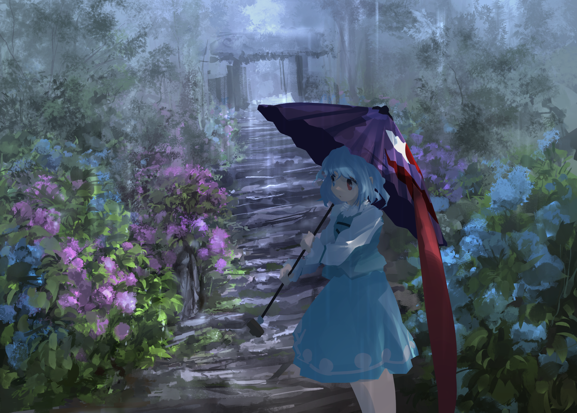Kogasa Tatara (Touhou) anime wallpaper: blue-haired girl holding an umbrella on a mossy stone path through hydrangeas toward a misty torii gate — 2K Quad HD PC desktop wallpaper