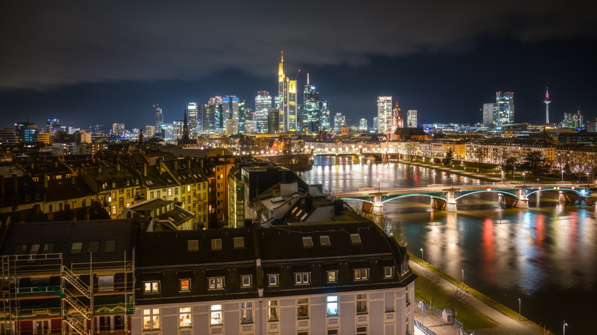 Download City Germany Night River Light Bridge Man Made Frankfurt HD Wallpaper