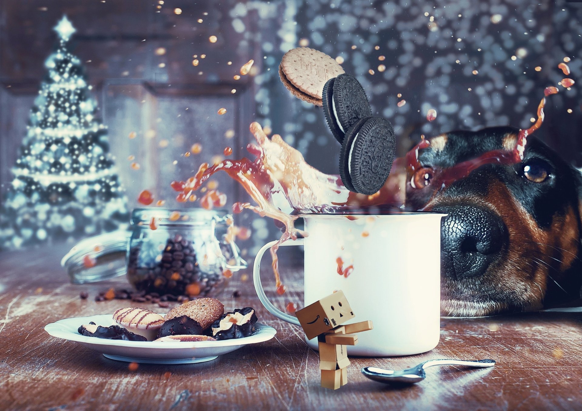 HD Christmas-themed still life wallpaper featuring a dog watching Oreo cookies dunked in a drink, with a small Danbo figure and festive background lights.