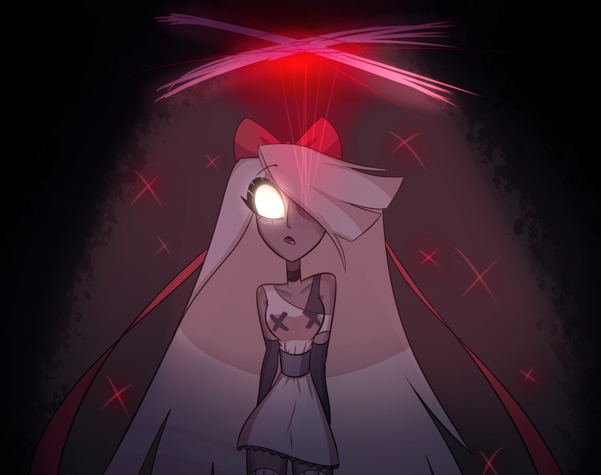 HD desktop wallpaper featuring Vaggie from the TV show Hazbin Hotel, depicted with glowing eyes and a dark, eerie red and black background.