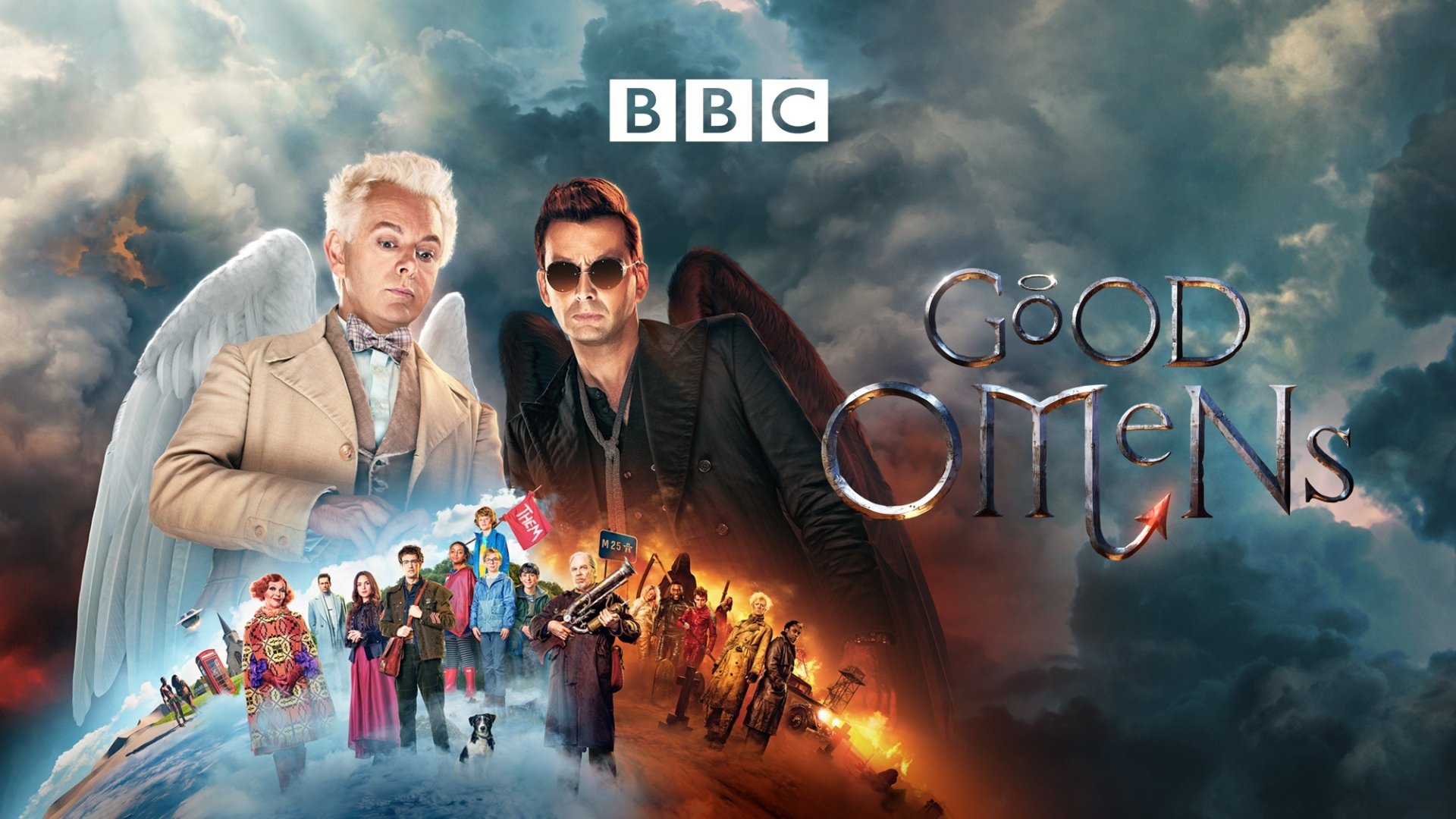 HD PC desktop wallpaper of the BBC TV show Good Omens: an angel and a demon loom over a fiery, apocalyptic skyline with the series logo and a crowd of characters below.