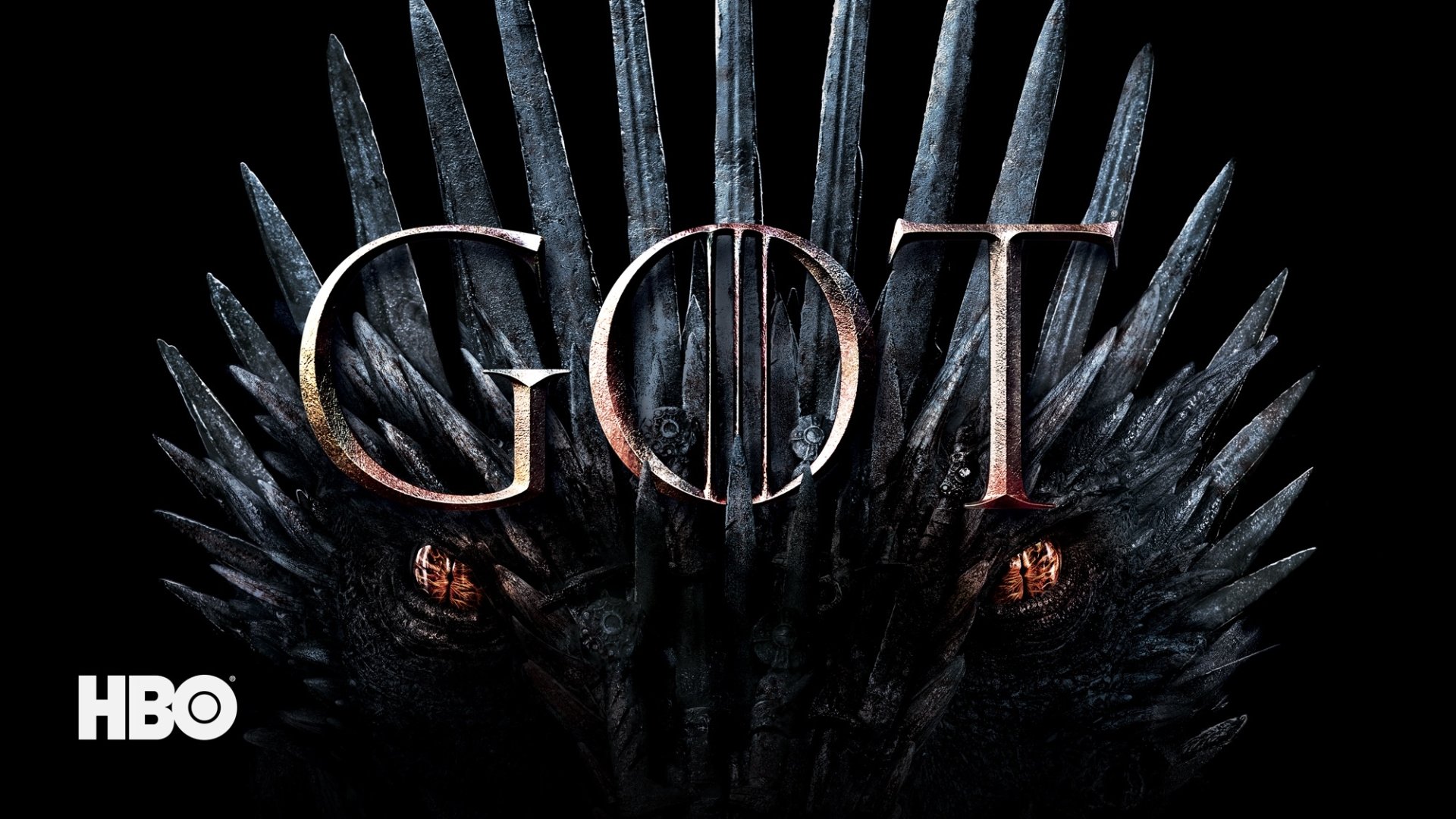 Game of Thrones TV show HD PC wallpaper: dark close-up of the Iron Throne with GOT letters and the HBO logo.