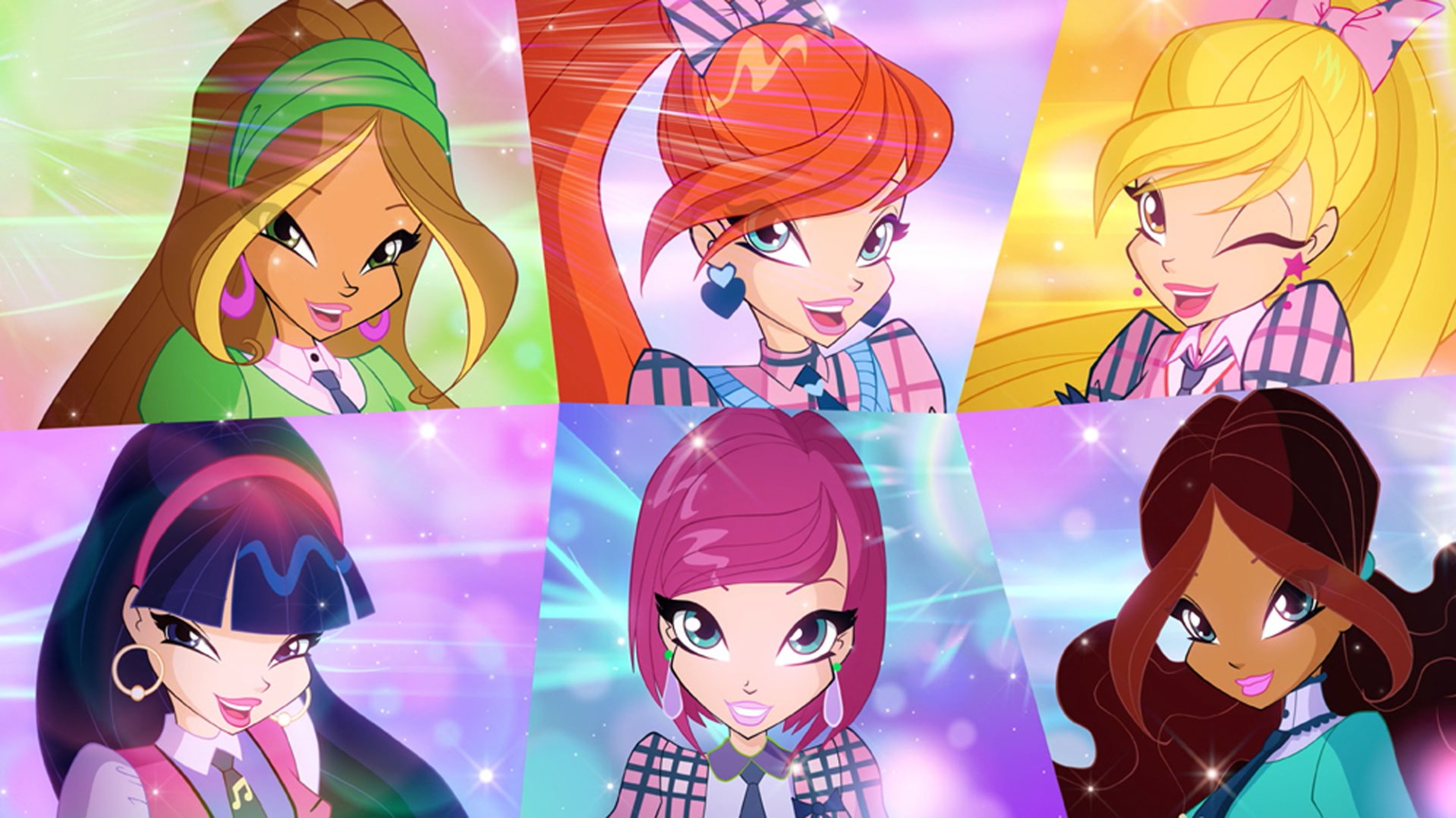 HD PC wallpaper of six short‑haired Winx Club fairies in a colorful grid: Tecna (purple), Stella (blonde), Bloom (red), Musa, Flora (brown) and Aisha — animated TV show characters.