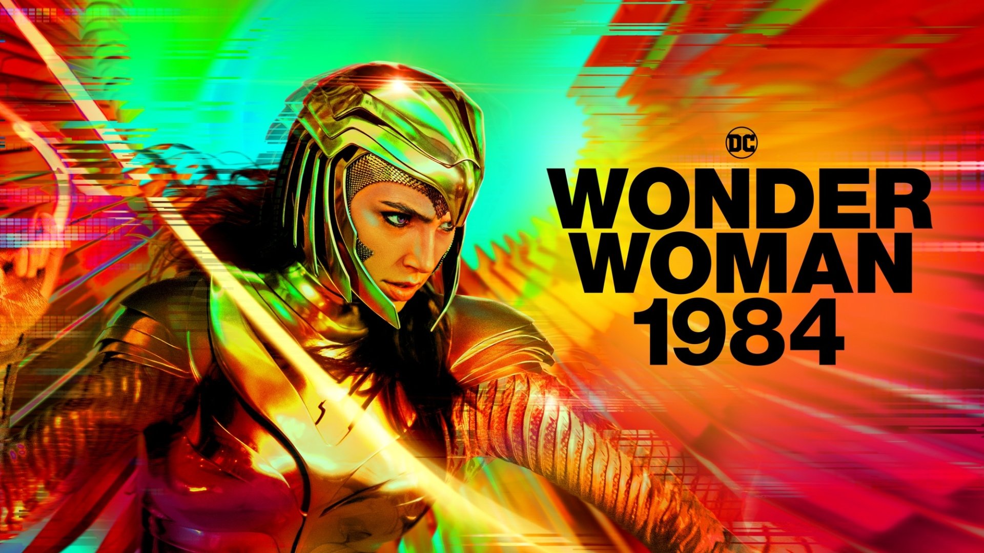 HD PC desktop wallpaper featuring Wonder Woman from the movie Wonder Woman 1984 in golden armor, poised against a vivid red-green motion-blur background