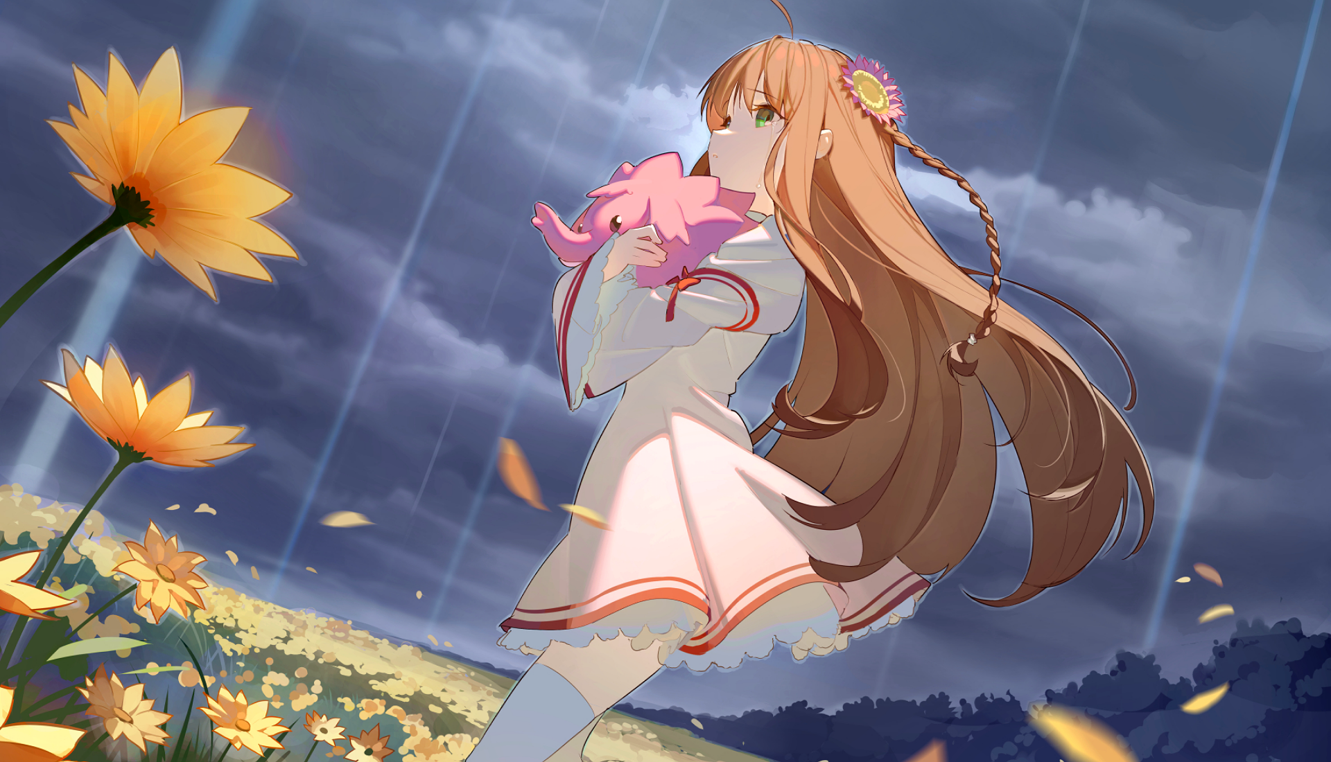 HD PC desktop wallpaper featuring Kotori Minami from Love Live!, standing in a field of yellow flowers under a cloudy sky with soft, flowing hair and delicate outfit details.