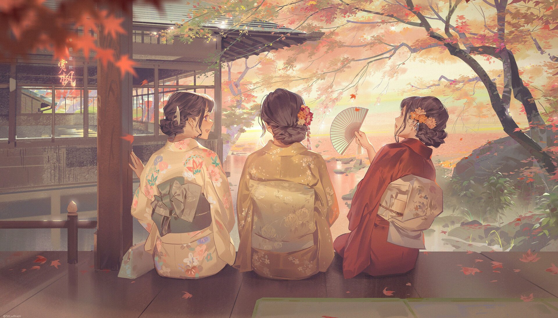 Three geishas in colorful kimonos admire a vibrant fall landscape, surrounded by autumn leaves, evoking a serene and artistic anime-inspired atmosphere.