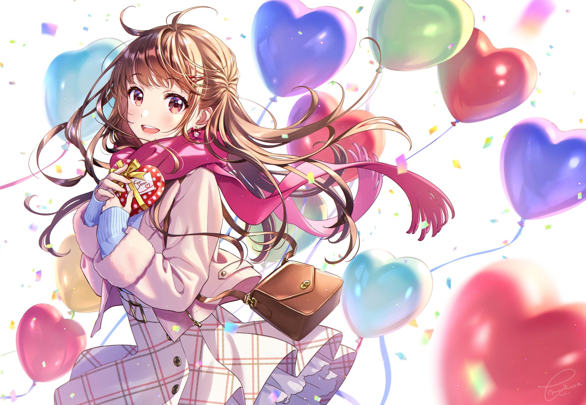 Uzuki Shimamura from The iDOLM@STER Cinderella Girls — smiling anime girl with long brown hair and brown eyes, wearing a pink scarf and coat, surrounded by colorful heart balloons; 2K Quad HD wallpaper.