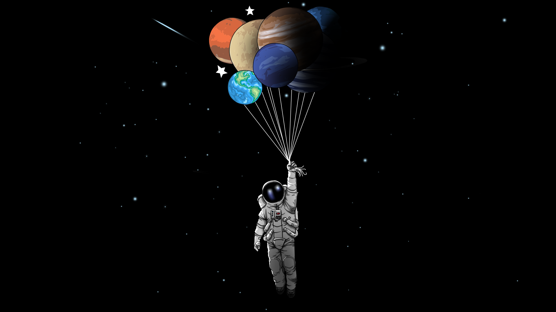 Astronaut Holding Planetary Balloons