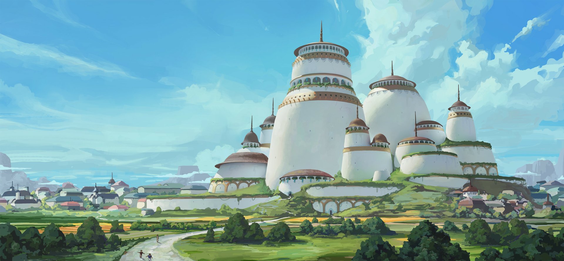 HD wallpaper of a fantastical castle with towering white spires set amid a lush landscape under a clear sky.