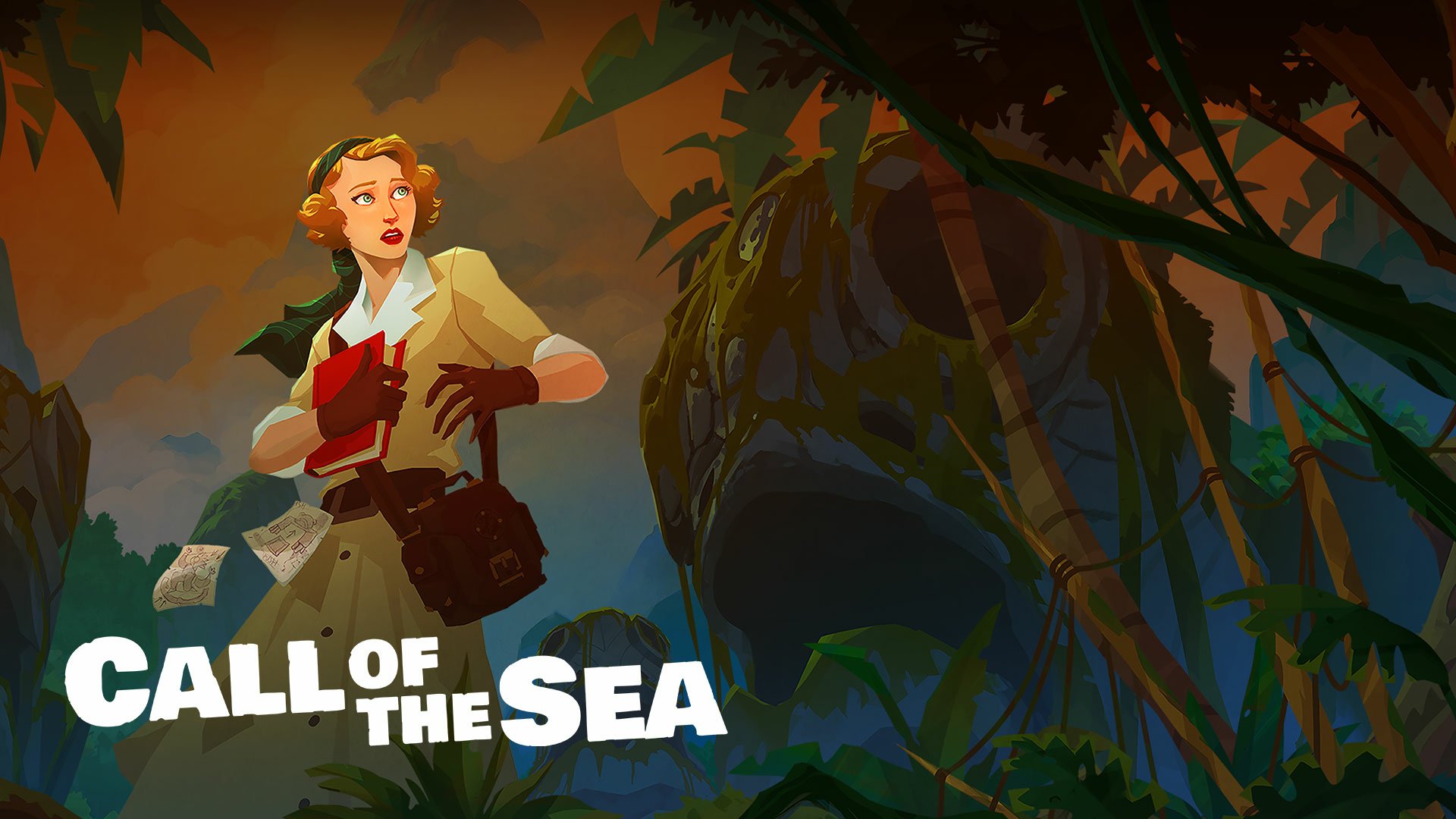 HD desktop wallpaper featuring the adventurous theme of Call of the Sea with a female character exploring a lush, mysterious jungle.