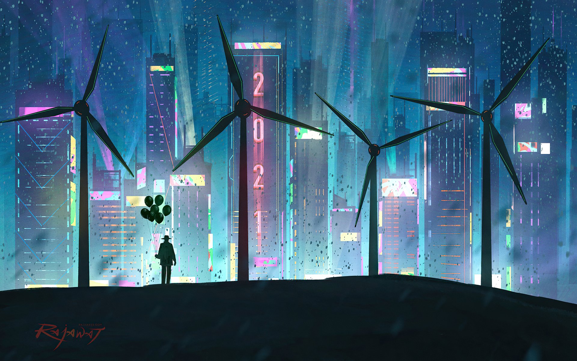 Download Wind Turbine Night Skyscraper Futuristic Sci Fi City Sci Fi ...