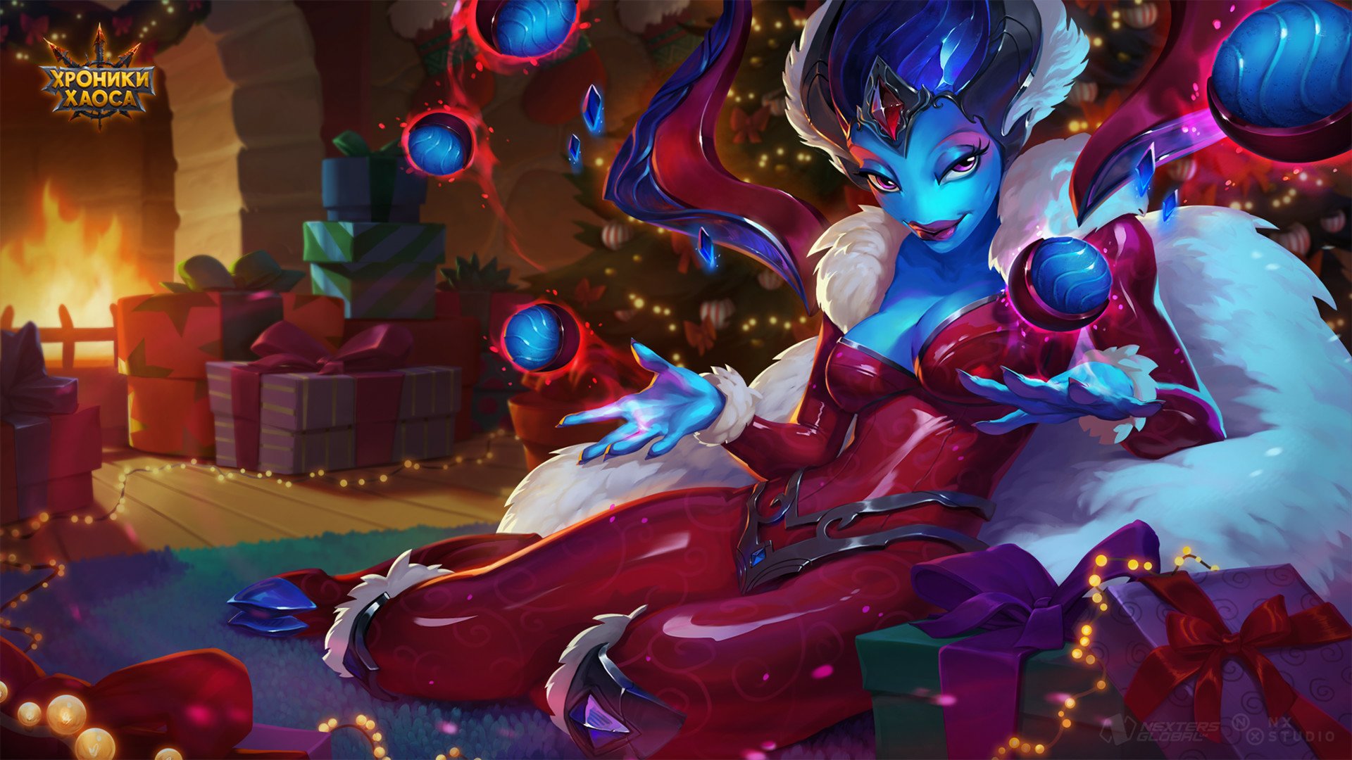 HD desktop wallpaper from Hero Wars featuring a festive fantasy character surrounded by holiday decorations.