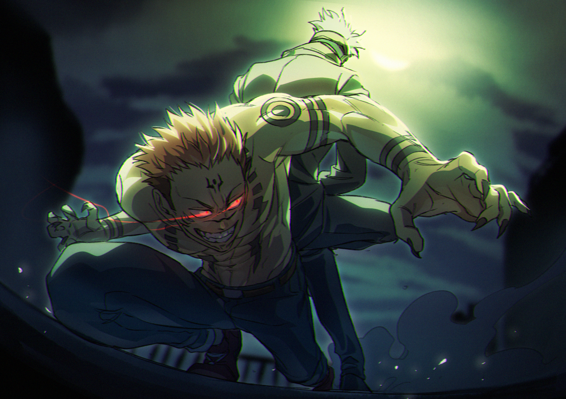 HD desktop wallpaper featuring Sukuna and Satoru Gojo from Jujutsu Kaisen, in an intense combat scene. The dark and dynamic background enhances the dramatic encounter between the characters.