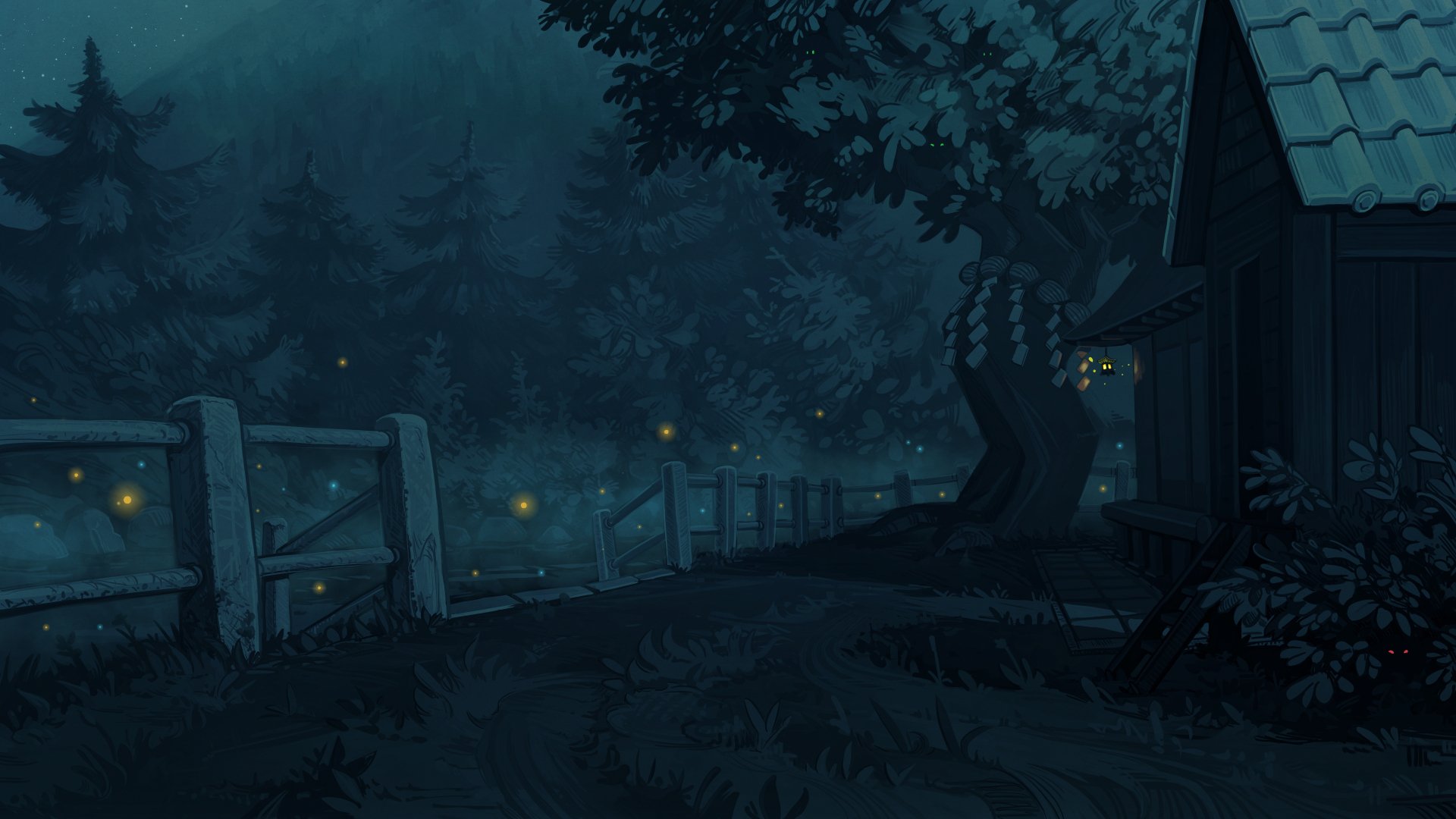 A serene, dark forest scene from Touhou anime, featuring glowing fireflies along a wooden fence under a starry night sky, rendered in 4K Ultra HD for a PC wallpaper.