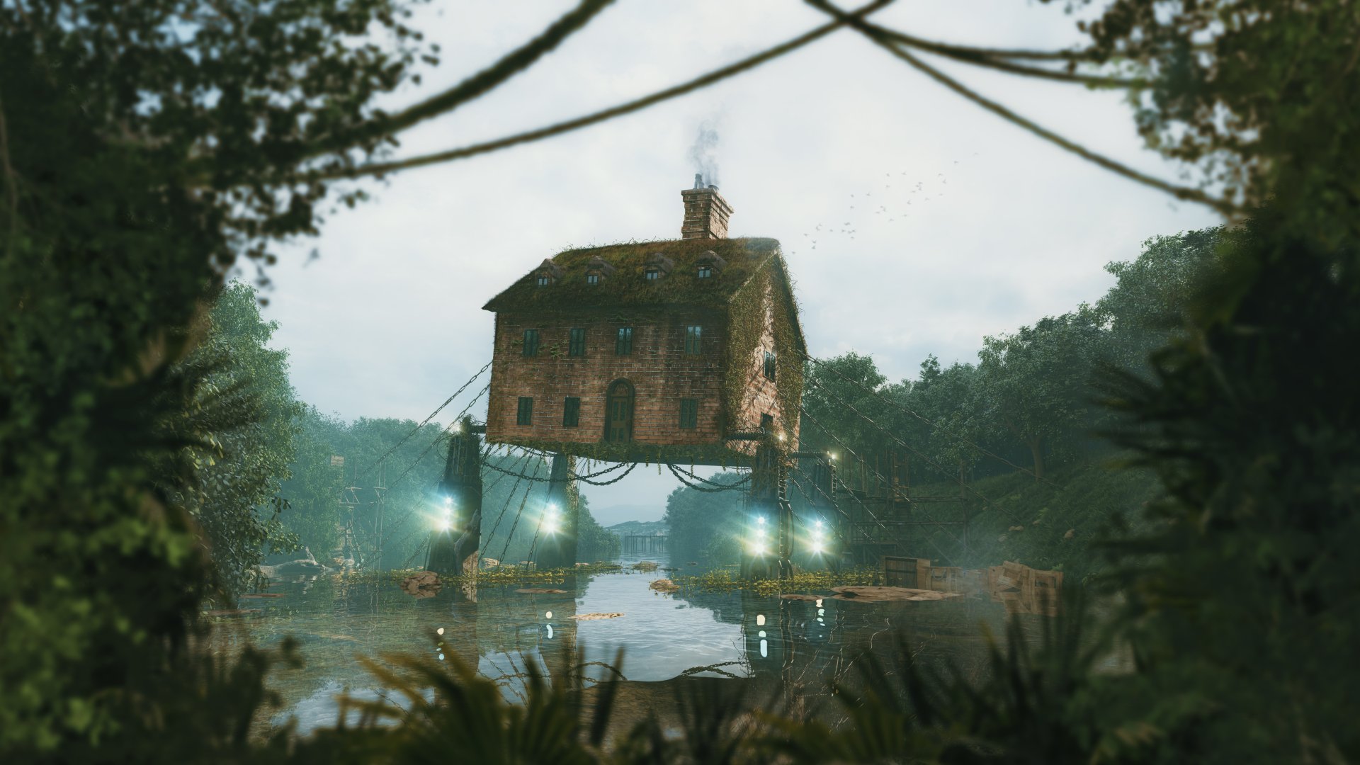 HD wallpaper of an enchanting house on stilts by a misty river, framed by foliage, with glowing lanterns at twilight.