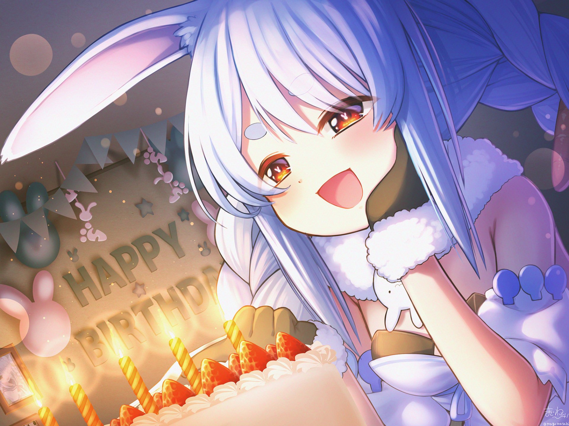 HD anime wallpaper featuring Usada Pekora from Hololive with blue hair and animal ears, smiling beside a birthday cake with lit candles.