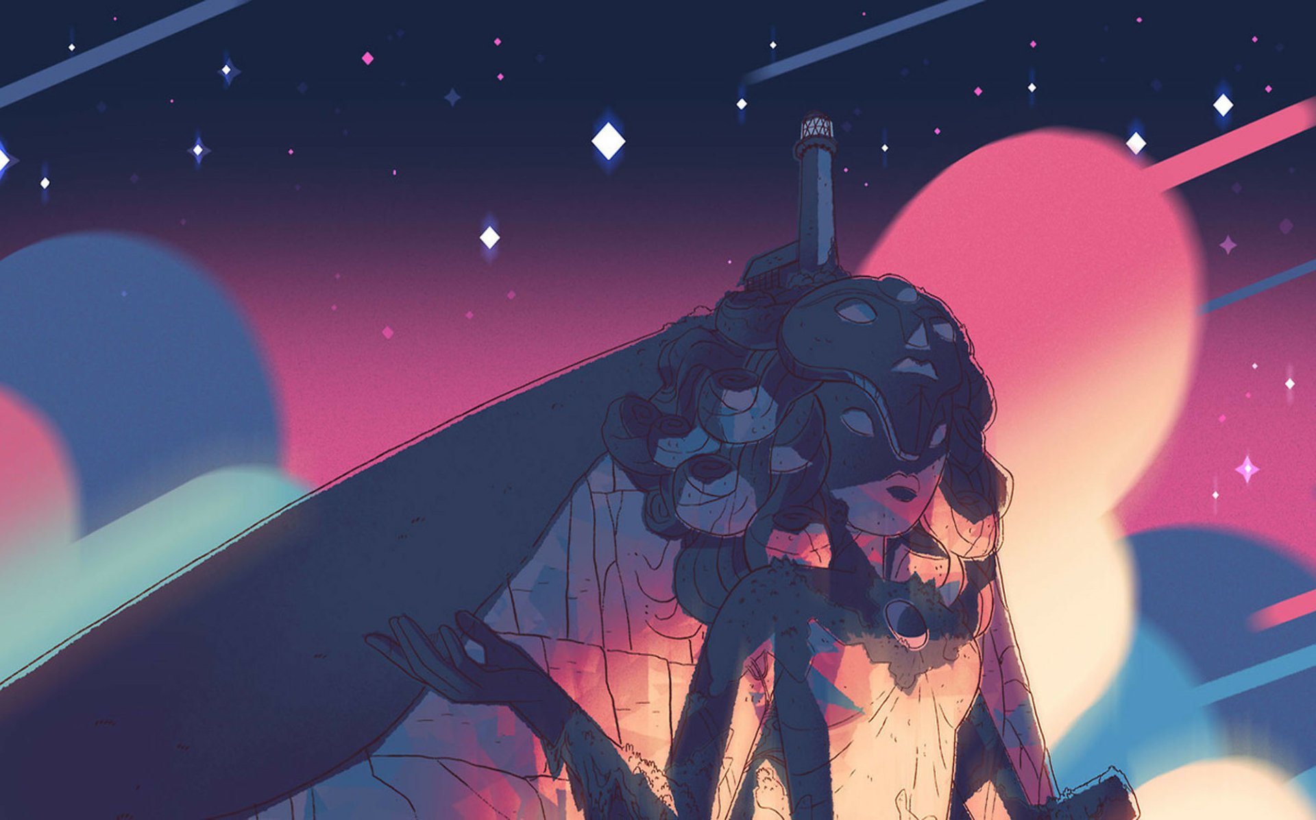 HD PC desktop wallpaper from TV show Steven Universe: a cracked, shadowy gem figure standing against a colorful starry sky with glowing planets.