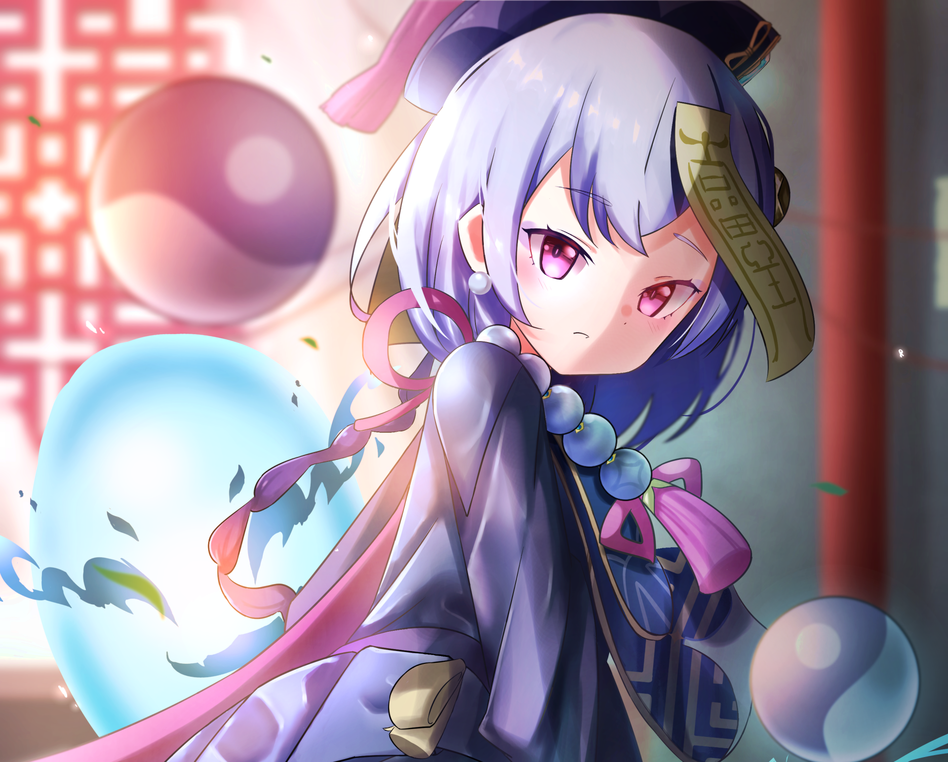 Qiqi from Genshin Impact in a purple outfit with a talisman and floating spirit orbs — 2K Quad HD PC desktop wallpaper background.