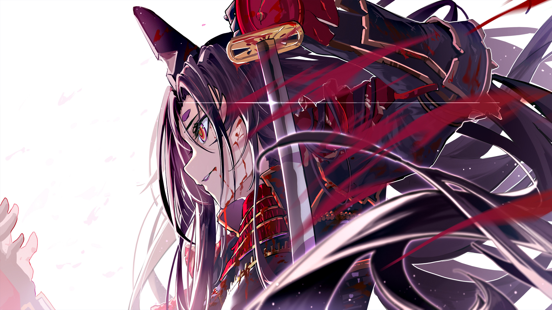 Anime samurai clad in detailed armor wields a katana, showcasing long hair and intense gaze, featuring Avenger and Rider from Fate/Grand Order in 4K Ultra HD desktop wallpaper.