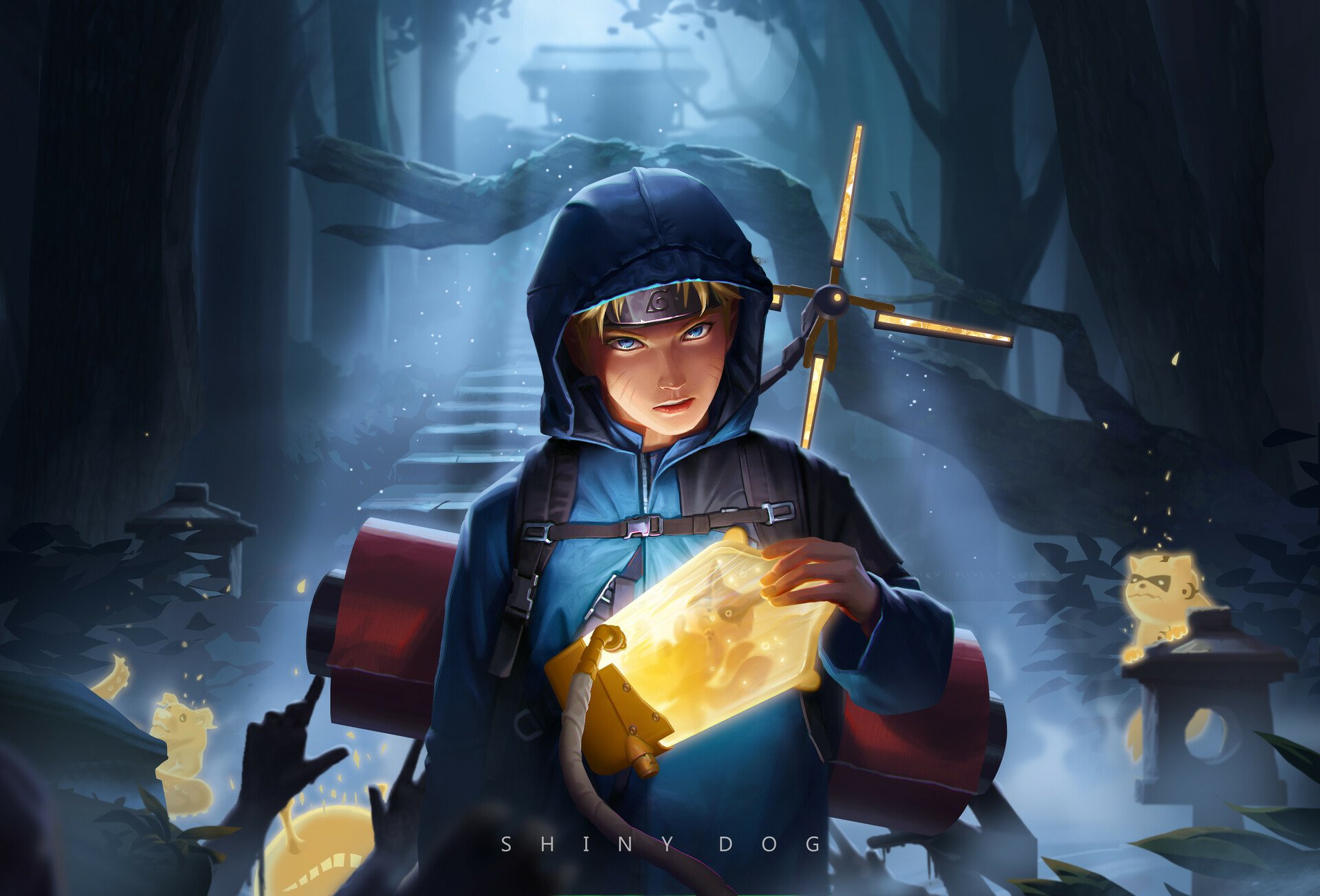 HD desktop wallpaper showing Naruto Uzumaki from the anime Naruto, depicted in a mystical forest setting, holding a glowing yellow scroll. His serious expression contrasts with the magical ambience around him.