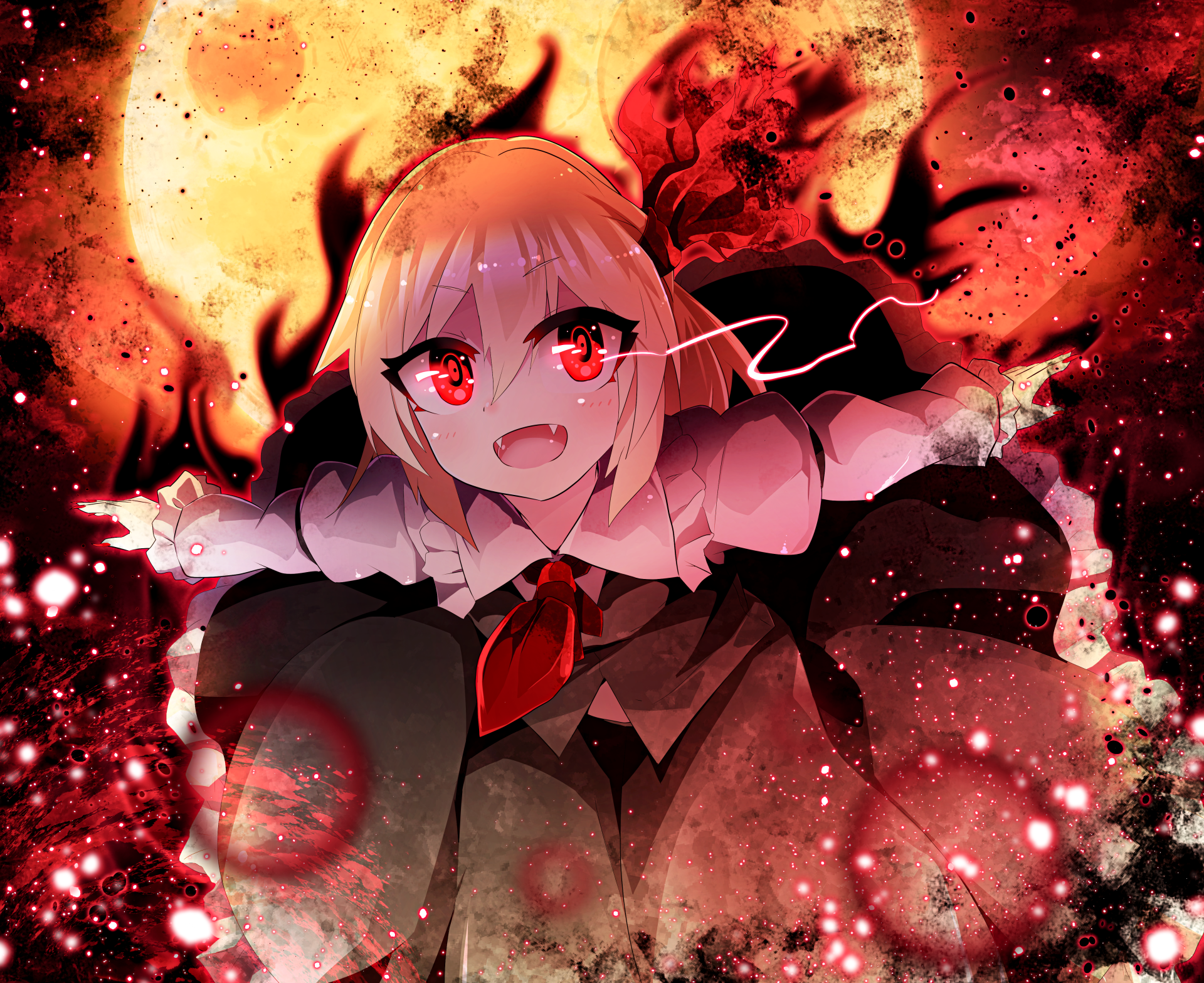 4K Ultra HD anime wallpaper featuring Rumia from Touhou, surrounded by fiery and dark magical effects with vivid red and black tones.