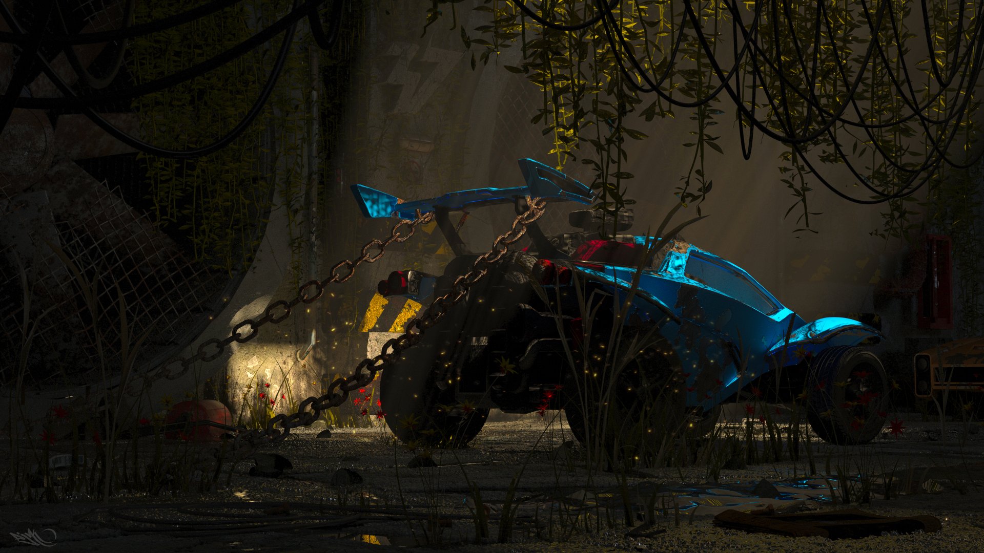 4K Ultra HD PC desktop wallpaper: an abandoned Rocket League car chained in a dim, overgrown ruin with vines, puddles and moody blue and red lighting — video game scene.