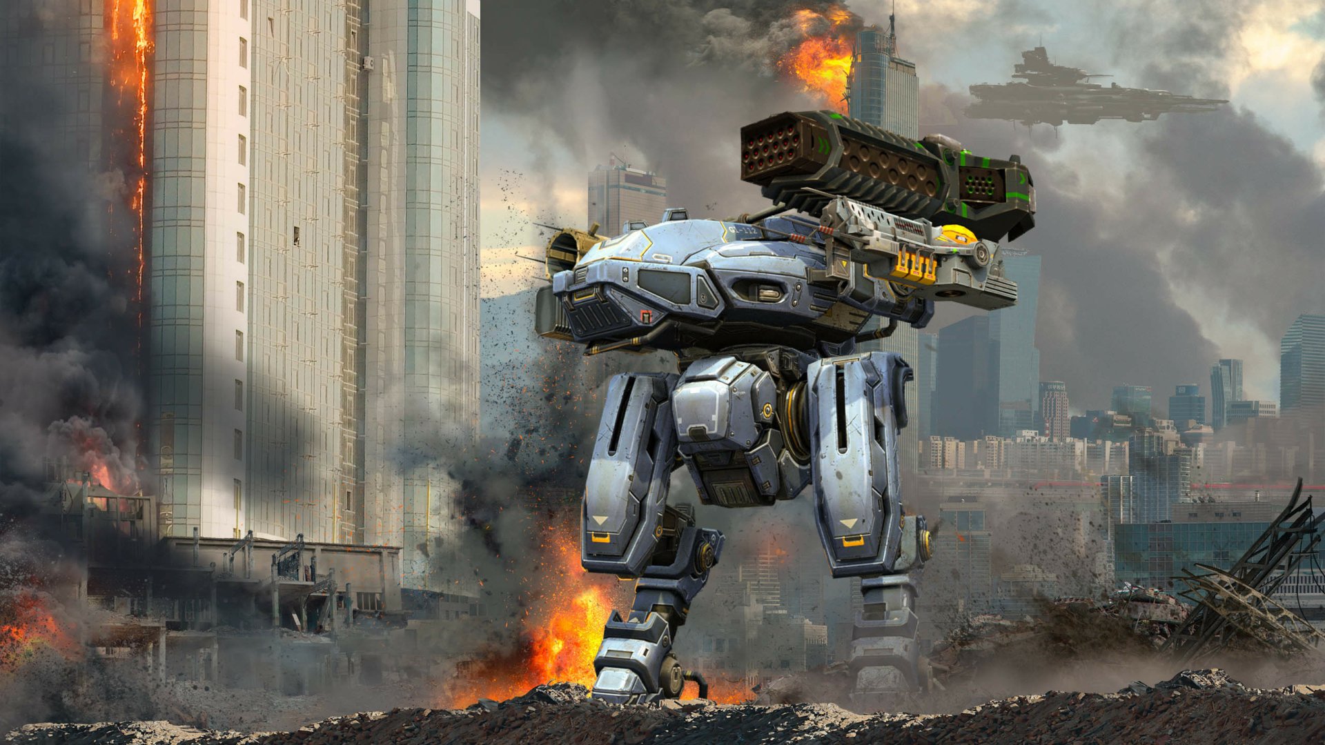 A striking HD wallpaper featuring a towering robot from the video game War Robots, set against a backdrop of urban destruction and fiery explosions.