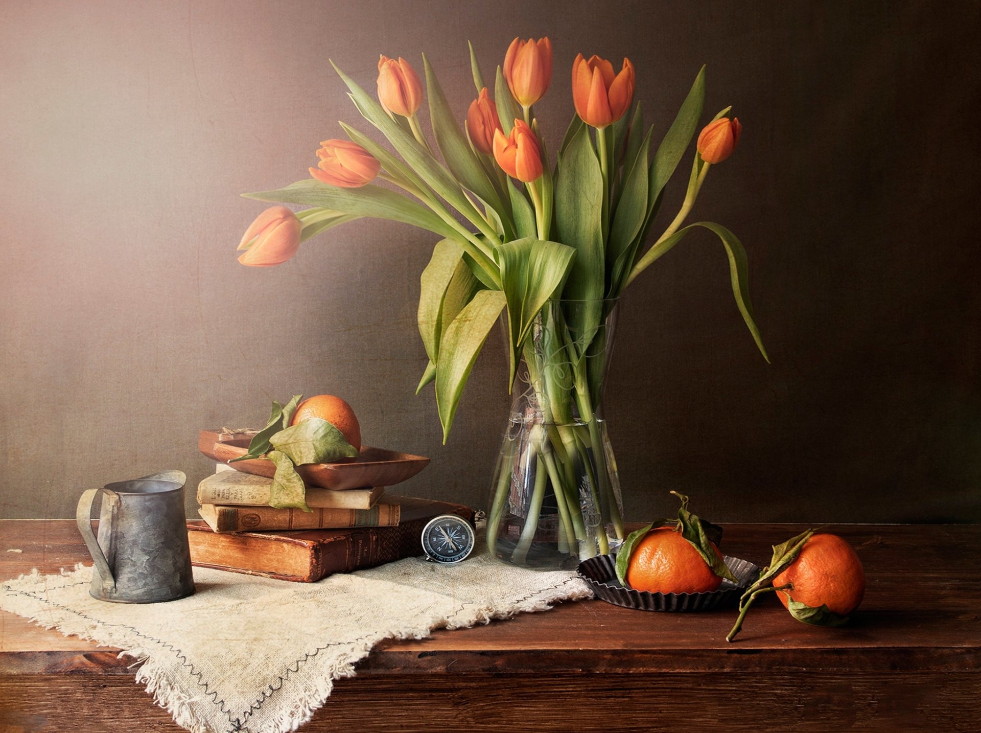 Download Tangerine Vase Tulip Bouquet Book Flower Photography Still Life HD Wallpaper
