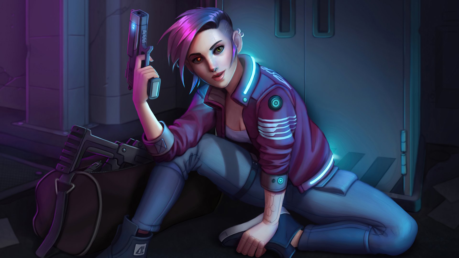 Download Purple Hair Short Hair Gun Sci Fi Cyberpunk 4k Ultra HD Wallpaper by Mauricio Morali