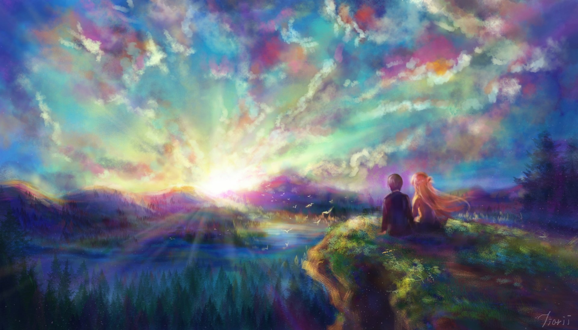 Kazuto Kirigaya and Asuna Yuuki from Sword Art Online sit together on a cliff, overlooking a vibrant, colorful sunset in this 4K Ultra HD anime wallpaper.