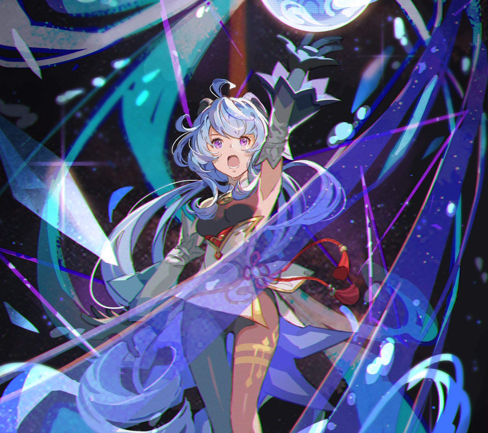 HD PC desktop wallpaper featuring Ganyu from the video game Genshin Impact in dynamic action with vibrant blues and purples.