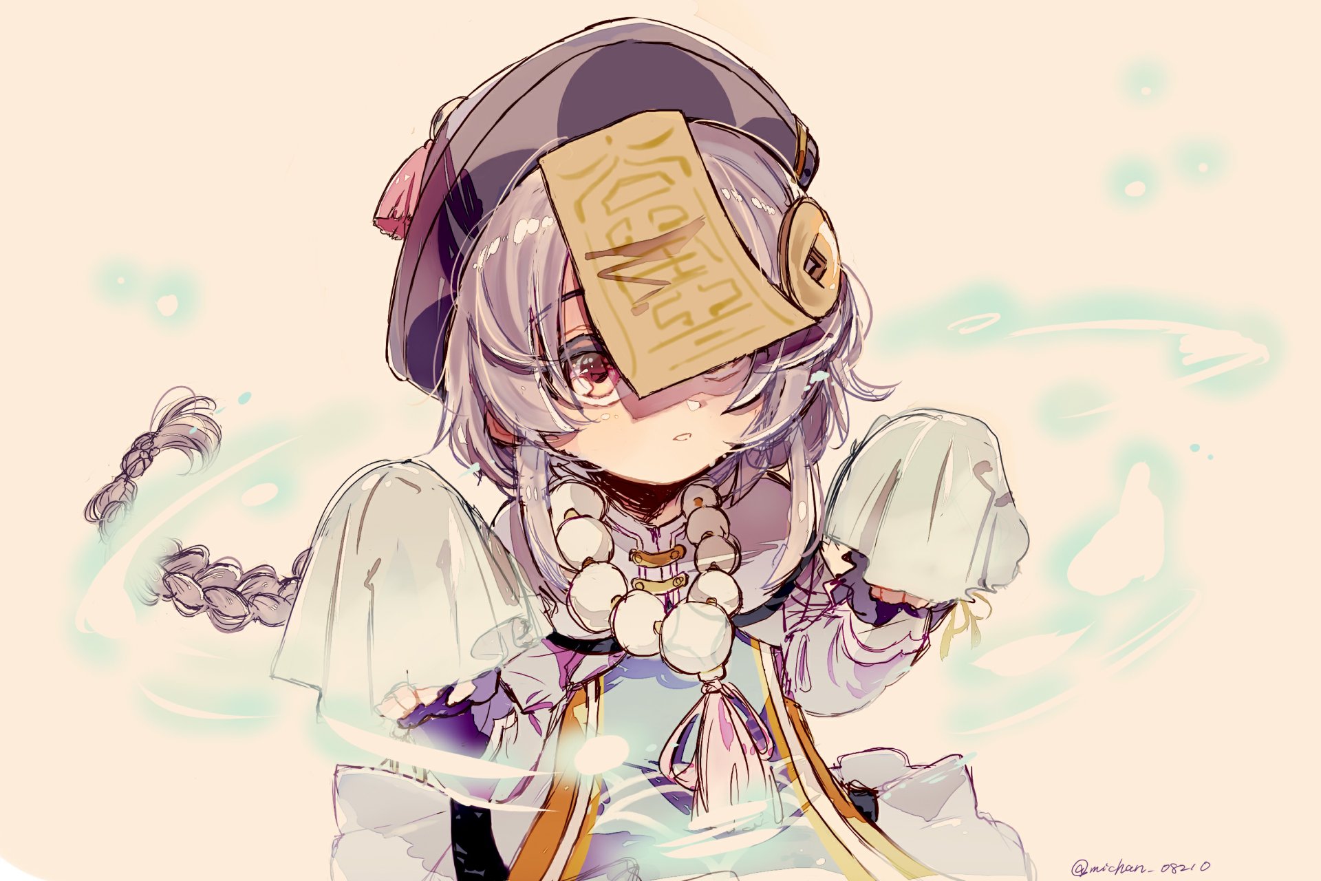 2K Quad HD PC wallpaper of Qiqi (Genshin Impact video game): small undead healer with talisman on her forehead, braided hair, pale outfit and glowing aqua spirit wisps.