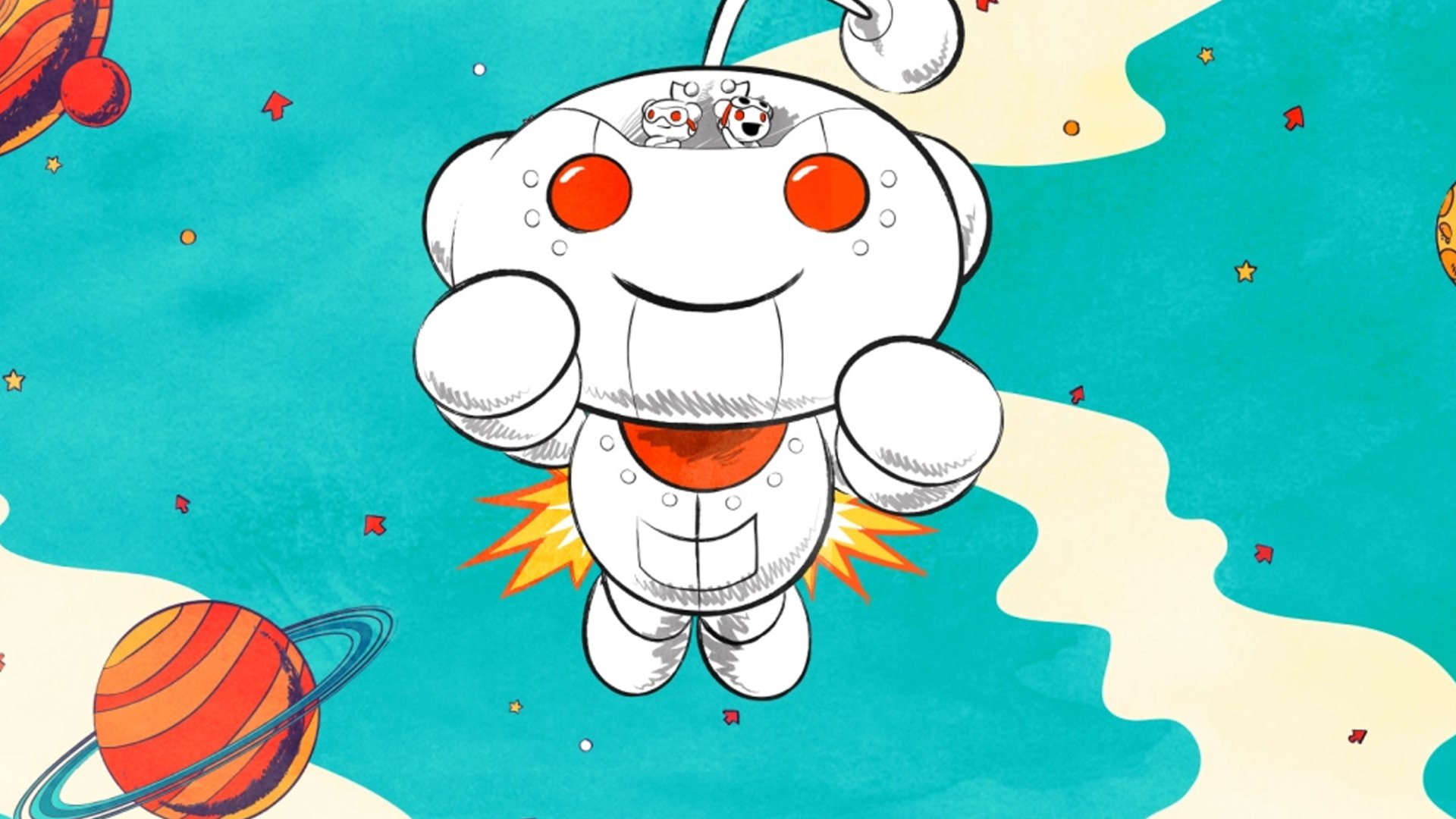 HD desktop wallpaper of Reddit's mascot in space with colorful planets and stars on a turquoise background.