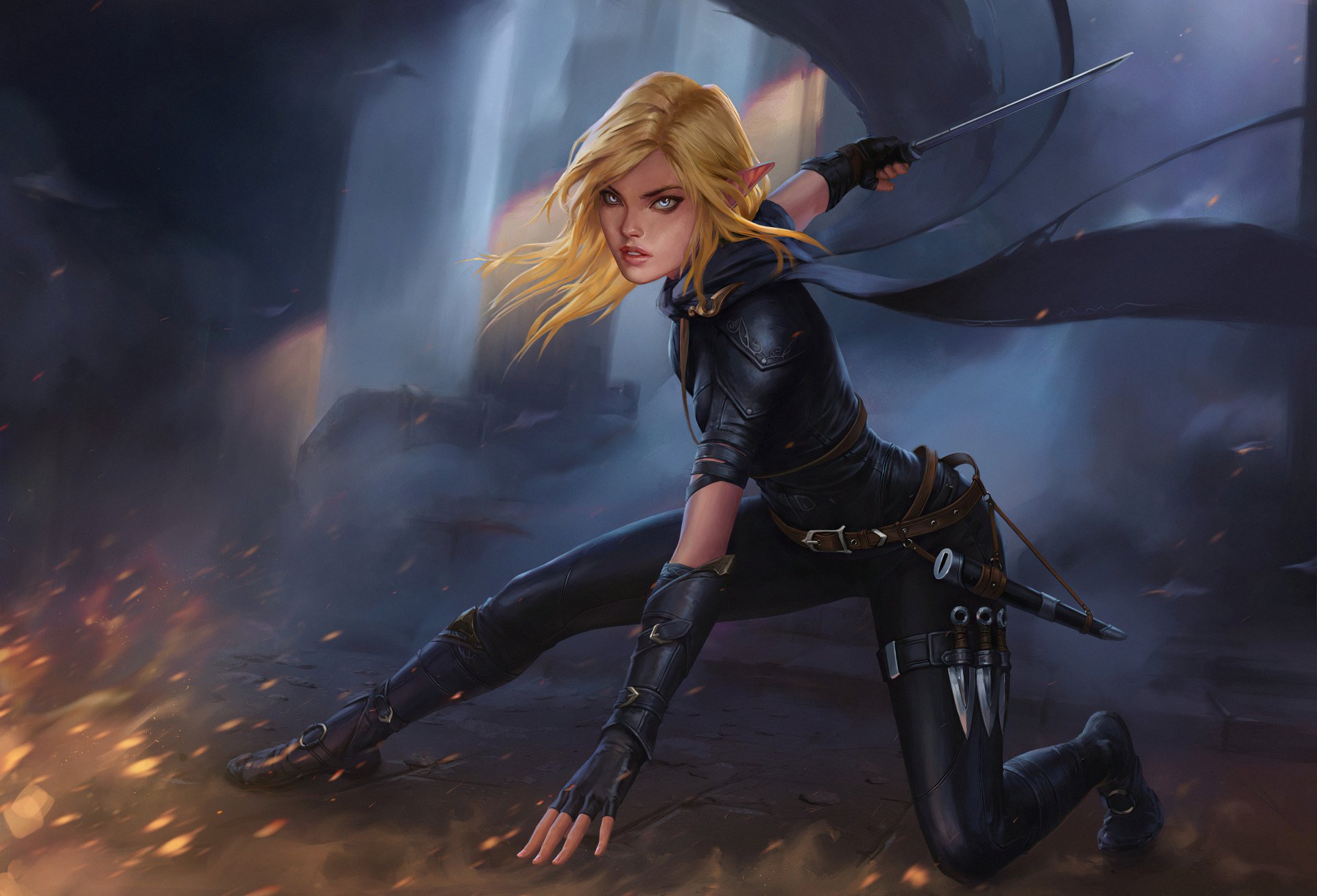 A blonde elf woman warrior in sleek black armor crouches ready for battle amid smoky ruins, depicted in stunning 4K Ultra HD fantasy artwork.
