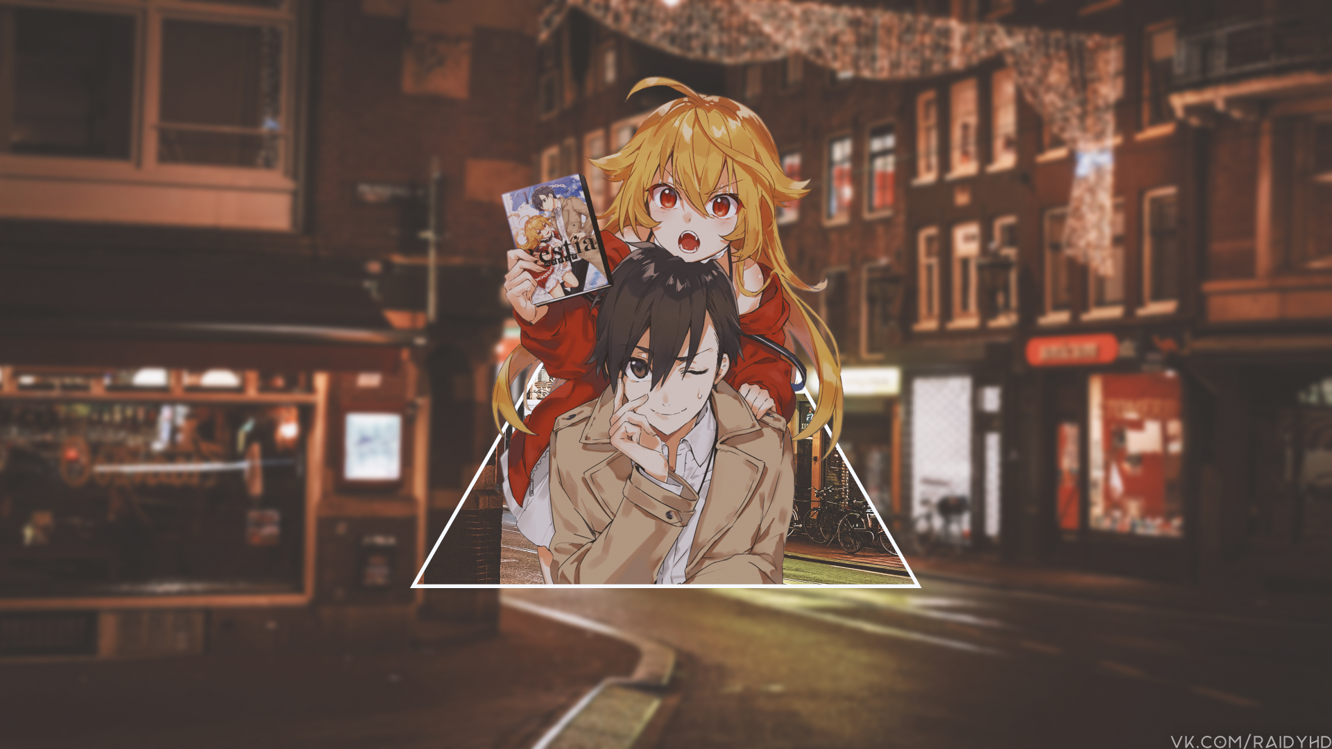 4K Ultra HD anime wallpaper featuring Bestia characters in a picture-in-picture style, set against a dimly lit urban street background on a PC desktop.