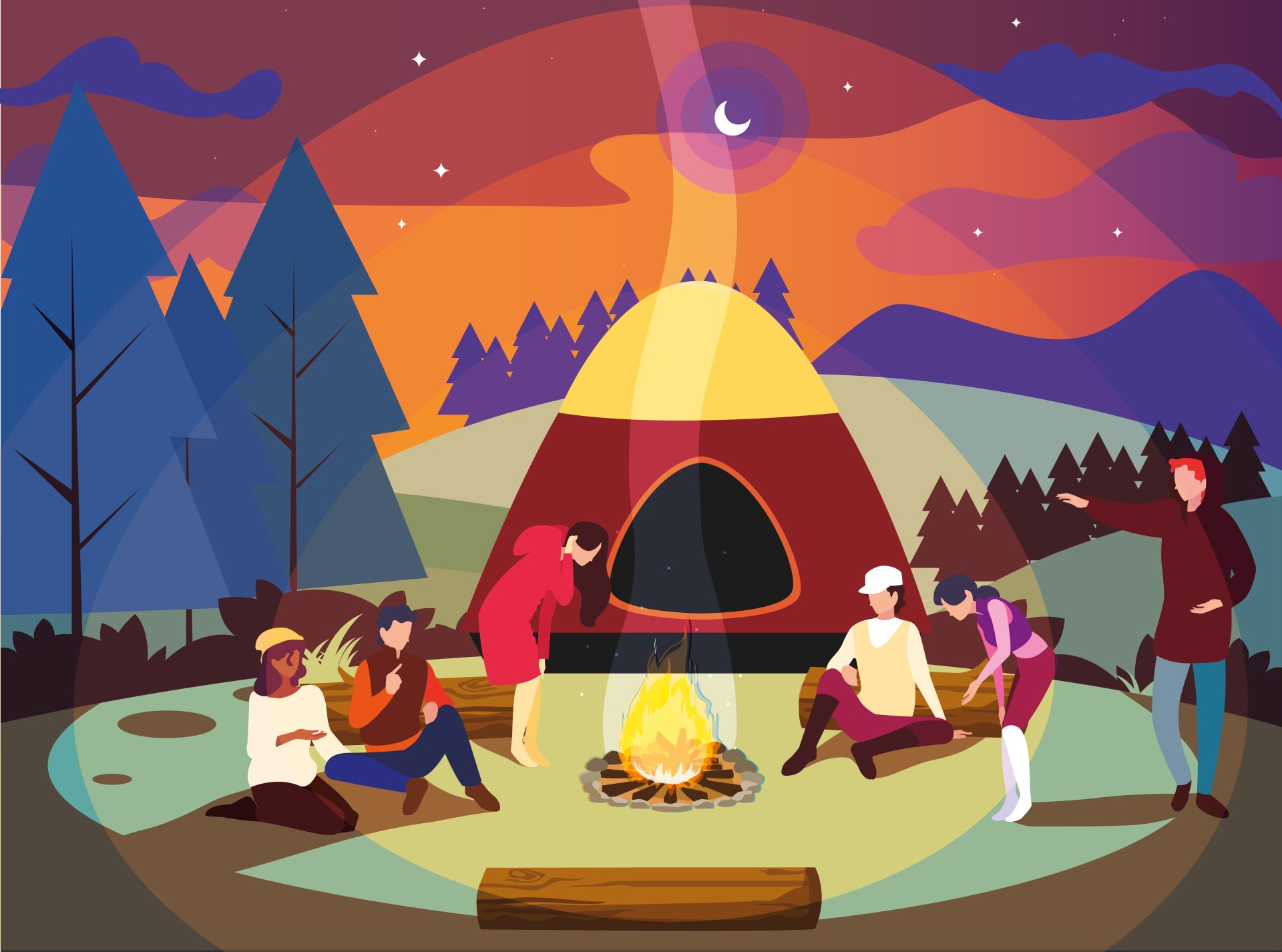 HD desktop wallpaper of people enjoying a campfire at night with a tent and trees under a starry sky.