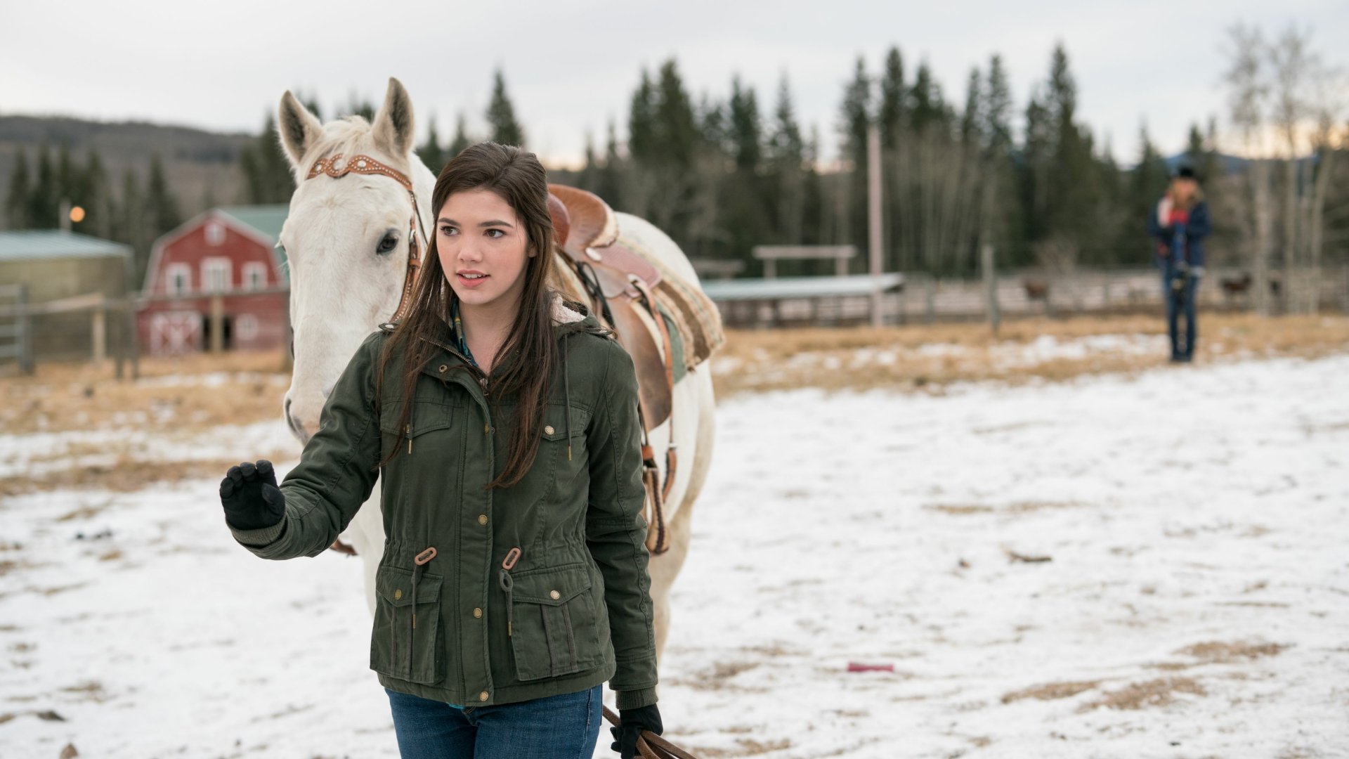 HD wallpaper of Heartland with a woman leading a horse on a farm, a perfect background for desktops.