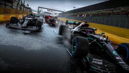 HD PC wallpaper featuring Lewis Hamilton and Valtteri Bottas racing Mercedes AMG F1 W10 EQ Power cars in wet conditions from the F1 2020 video game.