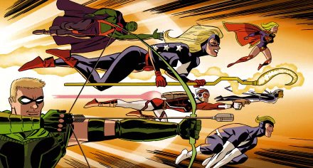 A dynamic HD wallpaper showcases J'onn J'onzz, Oliver Queen, Adam Strange, Supergirl, and Stargirl from DC Comics, uniting as the Justice League in a vibrant comic style.