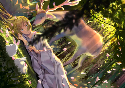 HD anime wallpaper featuring Enkidu and Lancer from Fate/Grand Order, with blonde hair, surrounded by a rabbit and a deer in a sunlit forest setting.