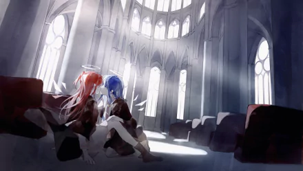 2K Quad HD PC desktop wallpaper: Mostima (Arknights) and Exusiai (Arknights) sit together in a sunlit Gothic cathedral, light beams through tall arched windows — Arknights video game background.